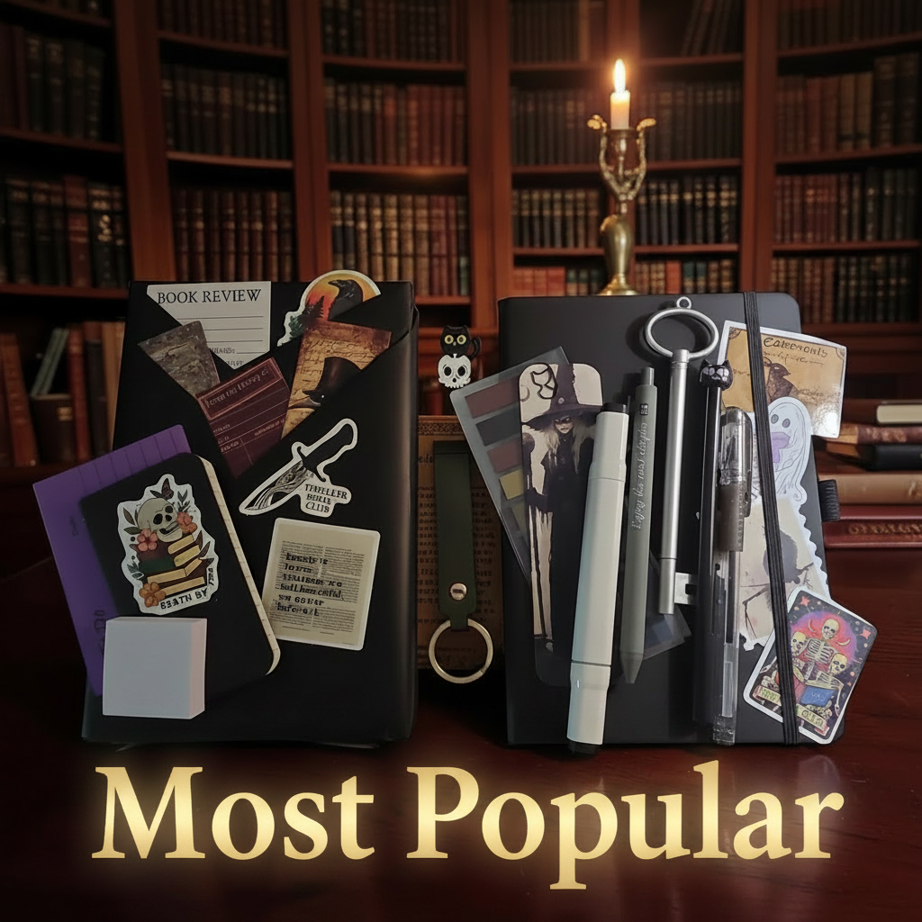 Unseen Book with Bundle flat lay on dark walnut desk with gothic stickers, journal, pens, and mystery extras